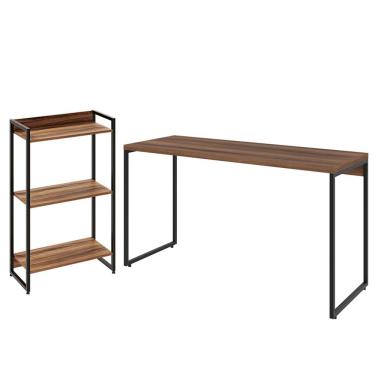 Imagem de Kit Escritório Estante Areta 3 Prateleiras com Mesa Industrial Aspen 135cm C01 Nogal - Lyam Decor