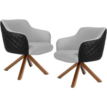 Imagem de Kit 02 Poltronas Base Giratória Madeira Jade D02 Linho Cinza D-315 Tressê Corano Preto - Lyam Decor
