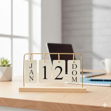 Imagem de Calendário de Mesa Estilo Vintage em Madeira – Plaquinhas Removíveis para Decoração e Organização (Dourado)