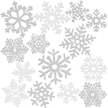 Imagem de Geyee 96 peças recortes de flocos de neve 12 estilos de flocos de neve com glitter recortes ornamentos com pontos de cola para decoração de casa de inverno e Natal (prata, branco)