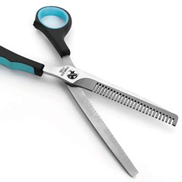 Imagem de Tesoura de cabelo de animal de estimação Claw Claws de 17,78 cm para raças de cães pequenas/médias/macias/com taxa de corte de 30%~40%. Lâminas de aço inoxidável, anel antiderrapante, 26 dentes para cuidados diários de cães. (Lago Verde)