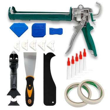 Imagem de Kit de pistola de calafetagem, 14 peças, ferramentas de calafetagem 3 em 1, 4 peças, raspador de ângulo de cola de vidro, bocais de calafetagem, raspador de faca de massa, 2 rolos de fita adesiva para