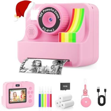 Imagem de MVNHFSO Impressão instantânea para câmera infantil – Câmeras de selfie de lente dupla, brinquedo portátil para câmera digital infantil com 3 rolos de papel – Ideia de presente de aniversário de Natal