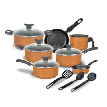 Imagem de Conjunto de 10 peças de panelas antiaderentes com tampas de vidro, com revestimento de pedra durável para uma cozinha saudável e limpeza fácil (Bronze)