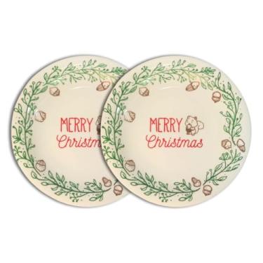 Imagem de Jogo 2 Prato Sobremesa 19cm Porcelana Decoração Natal Presente Mesa Posta Jantar Doce Bolo Elegante (Merry Christmas)