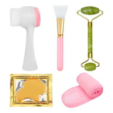 Imagem de Kit de Autocuidado Skincare Facial 5 Peças com Rolo de Jade, Escova de Limpeza, Pads Reutilizáveis, Faixa de Cabelo e Espátula de Silicone – Rotina Completa de Cuidados com a Pele-5 PEÇAS