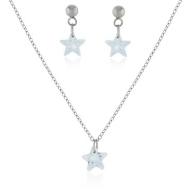 Imagem de Conjunto Feminino Aço Inox Colar e Brincos Estrela Zircônia Cristal Semijoia Antialérgica