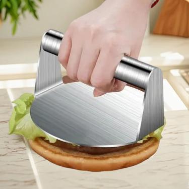 Imagem de 1 prensa de hambúrguer de aço inoxidável redonda plana superior grelha barra de aderência base antiaderente lisa hambúrguer fundo plano sem bordas para cozinhar