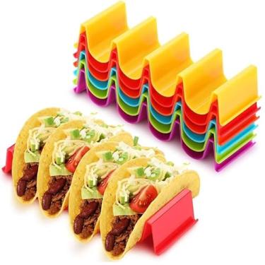 Imagem de Conjunto de suporte de taco colorido de 6 peças, bandejas de taco ABS seguras para 4 tacos cada, podem ser lavadas na lava-louças, ideal para tacos terça-feira, festas, feriados e presentes
