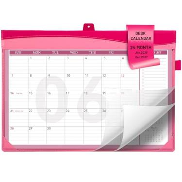 Imagem de Calendário de mesa Yoment 2025-2026, calendário de mesa grande com listas de tarefas, calendário de parede de couro com capa de PVC para trabalho, escritório, escola, casa, mulheres, homens, vermelho