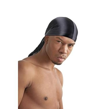 Imagem de Titan 1 touca masculina sedosa Durag premium macia e sedosa cauda extra longa para tranças desbotadas 360 pontos torcidos faixa para homens preto