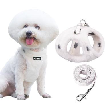 Imagem de AIITLE Conjunto de coleira e peitoral para cães forrados com lã para caminhar – arnês de inverno, faixas reflexivas, suprimentos ajustáveis para animais de estimação sem enforcamento, para cães pequenos e gatos domésticos branco PP