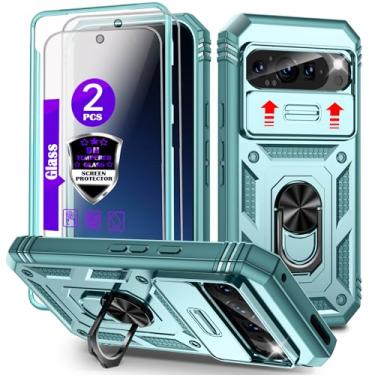 Imagem de Capa para Pixel 9/9 Pro com controle deslizante para câmera, 2 películas de vidro temperado, suporte de anel giratório de 360°, capa protetora de grau militar para Google Pixel 9/9 Pro 6,3 polegadas