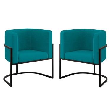 Imagem de Kit 02 Poltronas Lua Com Base De Metal Black Sala Reforçada Azul Turquesa