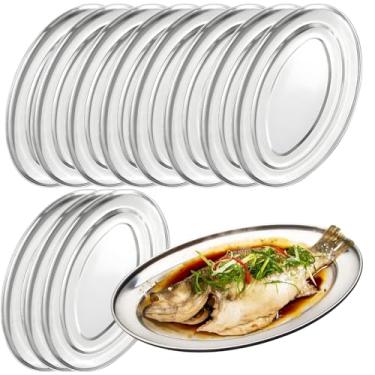 Imagem de LUMINFLY Pratos de peixe ovais sem costura, 12 peças, travessas de aço inoxidável de 35 cm/35,1 cm, bandejas ovais para servir, podem ser lavadas na lava-louças, polidas, para vários alimentos, grande