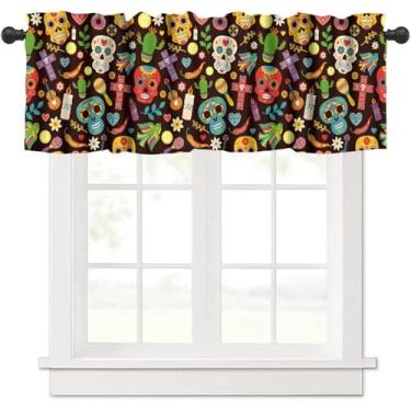 Imagem de SHElifestyle Dia De Los Muertos Cortina Valance Rústica Cinco De Mayo Açúcares Mexicanos Caveiras Dia dos Mortos Altar Janela Sanefas para Casa Quinta Quarto Sala Cozinha 137 x 45 cm