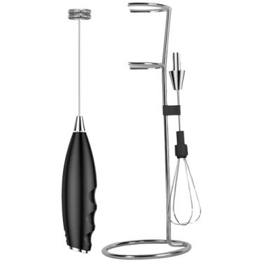Imagem de Espumador de leite preto sem fio e batedor de ovos, design de cabeça dupla portátil, alimentado por bateria, com suporte para armazenamento