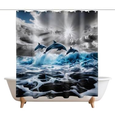 Imagem de XMWYTJ Cortinas de chuveiro com golfinhos saltadores, ondas azuis do mar, decoração de porta de celeiro, tecido de poliéster, à prova d'água, conjunto de cortinas de banheiro com 12 ganchos, 180 x 189