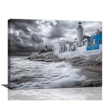Imagem de Olivine Arte de parede de praia, decoração de parede de imagens de farol costeiro, pintura em preto e branco, impressões em tela náutica, arte emoldurada para banheiro, quarto, sala de estar