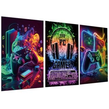 Imagem de 3 peças decoração de sala de jogos neon pôsteres arte de parede tema gamer impressão em tela console de jogos pintura imagem para decoração de quarto de adolescentes meninos decoração de parede sem