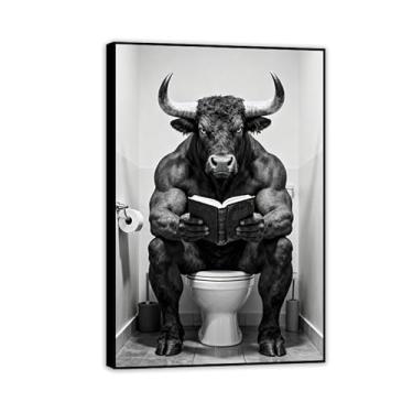 Imagem de Arte de parede engraçada em tela de touro preto e branco humor animal impressões pintura touro arte decoração de parede para banheiro banheiro imagem 90x60cm (35x24in) moldura preta