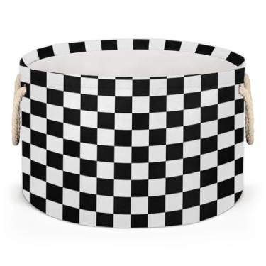 Imagem de Cestas de armazenamento – Grande caixa organizadora quadriculada para berçário com alças, cesto de roupa suja redondo dobrável para crianças, meninos, brinquedos, cobertor para animais de estimação