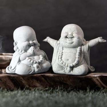 Imagem de snaxuda Estátuas de Buda Arenito 2 peças, Estatuetas de Buda Rindo e Orando Monge Zen Estátua de Oração Ornamento para Riqueza Boa Sorte Jardim Casa Escritório Decoração de Carro