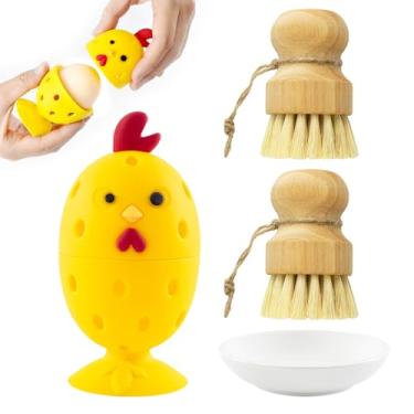 Imagem de Limpador de escova de ovos de silicone, ferramenta de limpeza rotativa multiuso de ovos frescos de frutas e vegetais e escova de madeira de sisal com suporte de cerâmica, ferramentas de limpeza