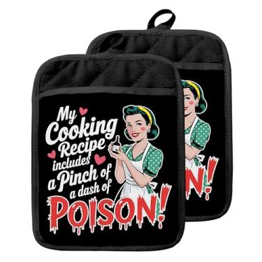 Imagem de GOOZHO Porta-panelas engraçadas para dona de casa com bolsos, presentes de panificação para mulheres, minha receita inclui suportes de panela de forno venenoso, luvas de forno resistentes ao calor
