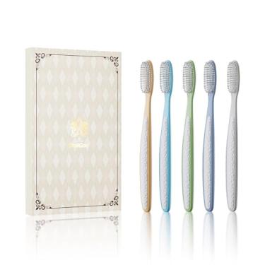 Imagem de OralGos Escova de Dentes Profissional de Cerdas Macias, Kit com 5 unidades, Cabeça Larga, para Gengivas Sensíveis, Limpeza Profunda, Portátil para Casa e Viagem, Cabo Antiderrapante de Couro