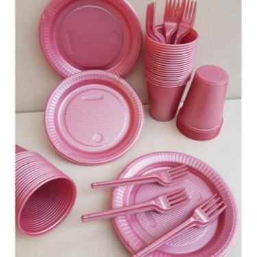 Imagem de Kit Descartável Econômico 150 Itens - Conjunto para Festas com Pratos, Copos e Garfos para Aniversário e Eventos(Rosa perolado 150 itens)