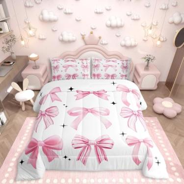 Imagem de Erosebridal Conjunto de edredom casal com laço rosa, estilo princesa, estilo princesa, conjunto de colcha para meninas, edredom com laço listrado fofo, edredom de plumas, decoração rosa para quarto
