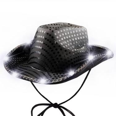 Imagem de Velorique Chapéu de caubói com aba de lantejoulas, chapéu de cowboy ocidental para adultos, ótimo para despedida de solteira, Halloween, Natal (preto)