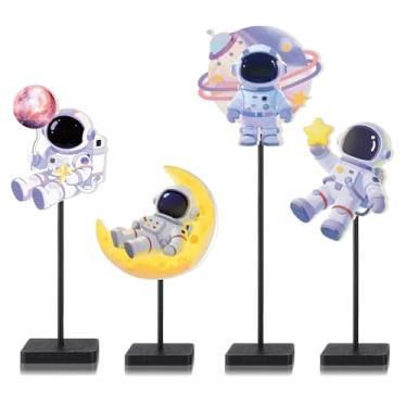 Imagem de Conjunto de 4 peças centrais do espaço sideral para decoração de mesas, estatuetas de astronauta de madeira azul e branco, tema espacial, aniversário, chá de bebê, artigos de festa para meninos