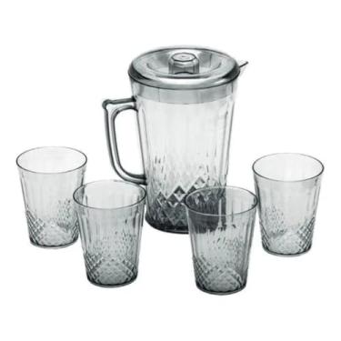Imagem de Conjunto Elegante de Jarra 2L com Tampa e 4 Copos, Acrílico Transparente, Design em Relevo, Jarra 25x13cm, Copos 9,5x7,5cm, para Bebidas e Servir