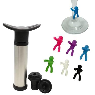 Imagem de Kit Vinho Bomba a Vácuo Aço Inox com 2 Rolhas Reutilizáveis e 6 Marcadores de Taça em Silicone