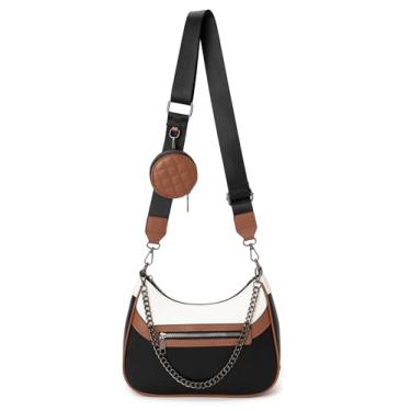 Imagem de myfriday Bolsas Hobo transversais femininas com bolsa de moedas, bolsas de ombro de designer de couro macio - alça de ombro de 2 tamanhos, Bege preto