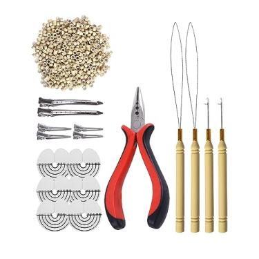 Imagem de Kit de ferramentas de extensões de cabelo de 500 peças de anéis de silicone: alicate de cabelo de três furos, agulha de gancho de puxar, passador de laço e microelos de silicone contas de anéis (loiro