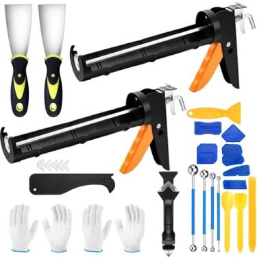 Imagem de Hillsuren Kit de pistola de calafetagem, 2 pistolas de calafetagem de silicone, 23 ferramentas de calafetagem, 2 facas de massa, raspador de argamassa, 2 luvas para cozinha, banheiro, janela, pia