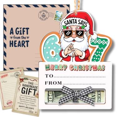 Imagem de Papai Noel Says Six Seven Christmas Money Holder 2025 – Lindo enfeite de madeira de Papai Noel, divertido cartão de dinheiro tendência da geração Z, suporte de presente de Natal, decoração de férias