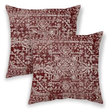 Imagem de Capas de travesseiro Boho 56 x 55, vinho vinho vinho creme étnico almofadas decorativas ao ar livre decorativas para sofá, capa de almofada decorativa com estampa de carpete 2 peças de fronha de linho