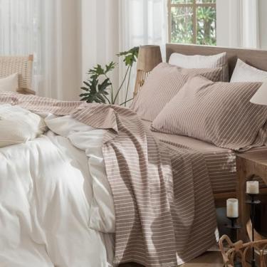 Imagem de MooMee Jogo de lençol listrado 100% algodão lavado como linho texturizado respirável durável macio confortável (listras largas laranja escuro branco, Queen)