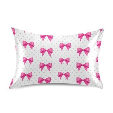 Imagem de SEHANY Capas de almofada de seda com laço rosa para cabelo e pele, capas de almofada de cetim respiráveis macias e refrescantes com fecho de envelope, tamanho king (50 x 76 cm)