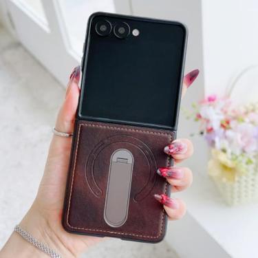 Imagem de Capa magnética giratória 360° para Samsung Galaxy Z Flip 7 Fe 6 5 4 3 Zflip7 Zflip6 5g, capa de couro de luxo (para Galaxy Z Flip7/Café)