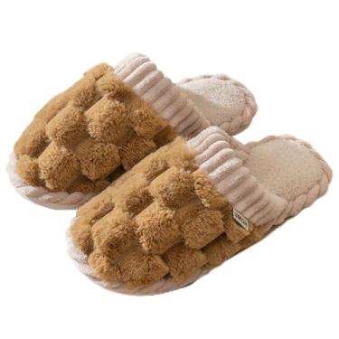Imagem de Chinelos femininos de pelúcia, sapatos antiderrapantes para uso interno com forro de lã macia para o inverno, Marrom, 40
