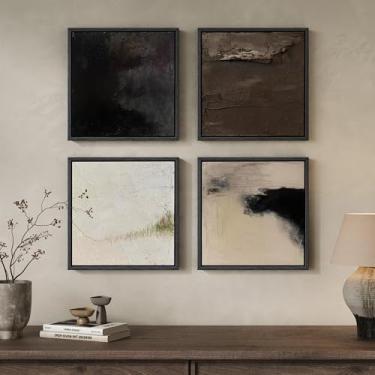 Imagem de Arte de parede abstrata neutra emoldurada, impressões em tela minimalistas modernas de 4 peças em tom terra e marrom preto bege, decoração de parede quadrada contemporânea para sala de estar, quarto