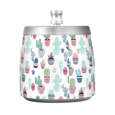 Imagem de STAYTOP Cinzeiro de planta em vaso de cacto de desenho animado com tampa, bandeja de cinzeiro sem fumaça de aço inoxidável à prova de vento, grande cinzeiro de cigarro ao ar livre para decoração de