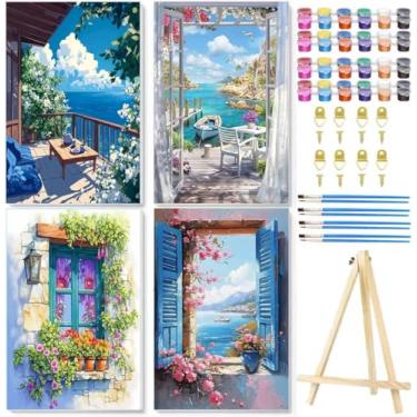 Imagem de Pacote com 4 tintas por números para adultos com tela emoldurada - com cavalete de madeira, pintura de praia por número em tela, kits de pintura a óleo acrílica de paisagem de flores DIY com pincéis
