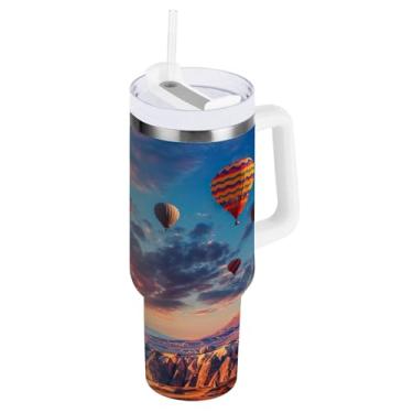 Imagem de STAYTOP Lindo copo de balão de ar quente de 850 g com tampa e canudo, copo isolado de aço inoxidável durável à prova de vazamento com alça, garrafas de água à prova de derramamento para viagens