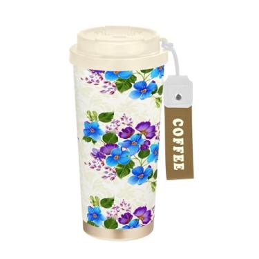 Imagem de Wassud Caneca de café de viagem com isolamento de flores azuis delicadas copo à prova de vazamento com tampa e canudo garrafa de água de aço inoxidável para café quente/gelo, chá e cerveja
